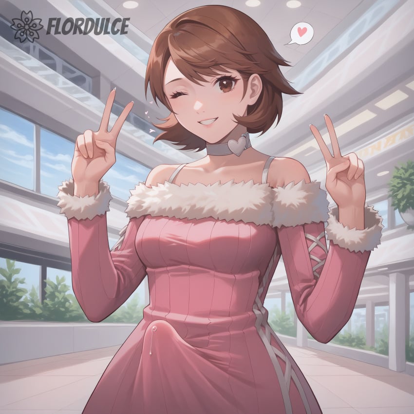 1futa ai_generated brown_eyes brown_hair choker erect_penis erection erection_under_clothes erection_under_clothing flordulce futa_only futanari indoors one_eye_closed peace_sign penis persona persona_3 pink_sweater short_hair solo_futa standing store sweater_dress wink yukari_takeba