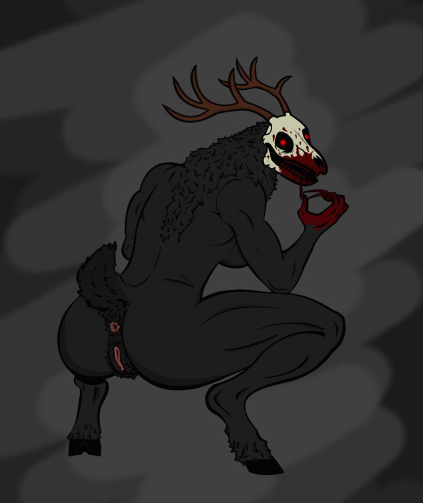 american_mythology anthro antlers anus black_body blood blood_in_mouth blood_on_face blood_on_hand bodily_fluids bone breasts claws crouching female folklore genitals hi_res hooves horn indigenous_north_american_mythology looking_at_viewer majoridiocy monster monster_girl mythology nayelli_(majoridiocy) neck_tuft nightmare_fetish_fuel nightmare_waifu north_american_mythology public_domain pussy raised_tail rear_view red_eyes side_boob skull skull_head solo tail teeth thick_thighs tuft urban_legend wendigo wendussy