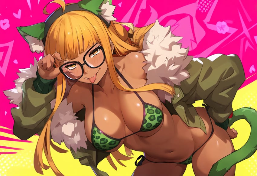 ai_generated animal_print bikini cat_ears corruption dark-skinned_female enemy_conversion gyaru large_breasts leopard_print lordem persona_5 sakura_futaba yellow_eyes