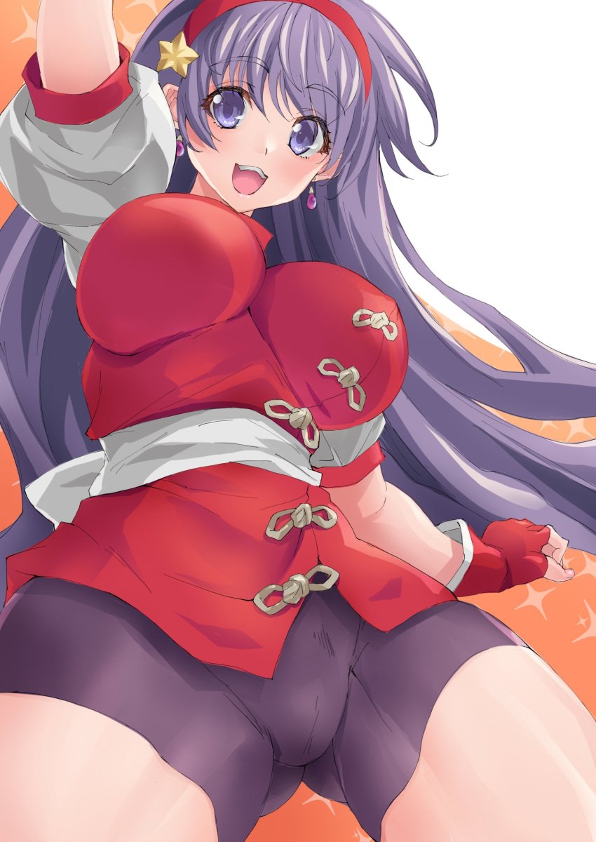 1girls arm_up athena_asamiya big_breasts bike_shorts breasts busty cameltoe chinese_clothes covered_erect_nipples female female_only fingerless_gloves gloves highres king_of_fighters large_breasts legs long_hair looking_at_viewer open_mouth purple_eyes purple_hair smile snk solo thick_thighs thighs voluptuous