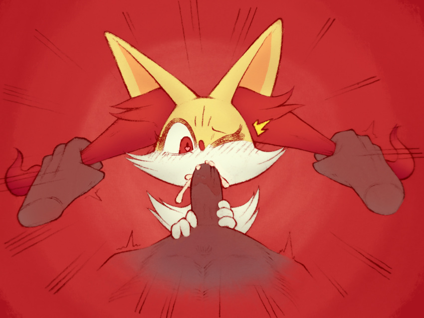 ambiguous_gender anthro blush bodily_fluids box_(hajimeyou654) braixen cum dark_body dark_skin digital_media_(artwork) duo ear_pull erection face_fucking fellatio forced forced_oral fur generation_6_pokemon genital_fluids genitals hair heart_eyes heart_symbol hi_res human inner_ear_fluff interspecies irrumatio male male/ambiguous mammal nintendo oral penetration penile penis pokemon pokemon_(species) pulling_hair sex simple_background third-party_edit touching_hair tuft yellow_body yellow_fur