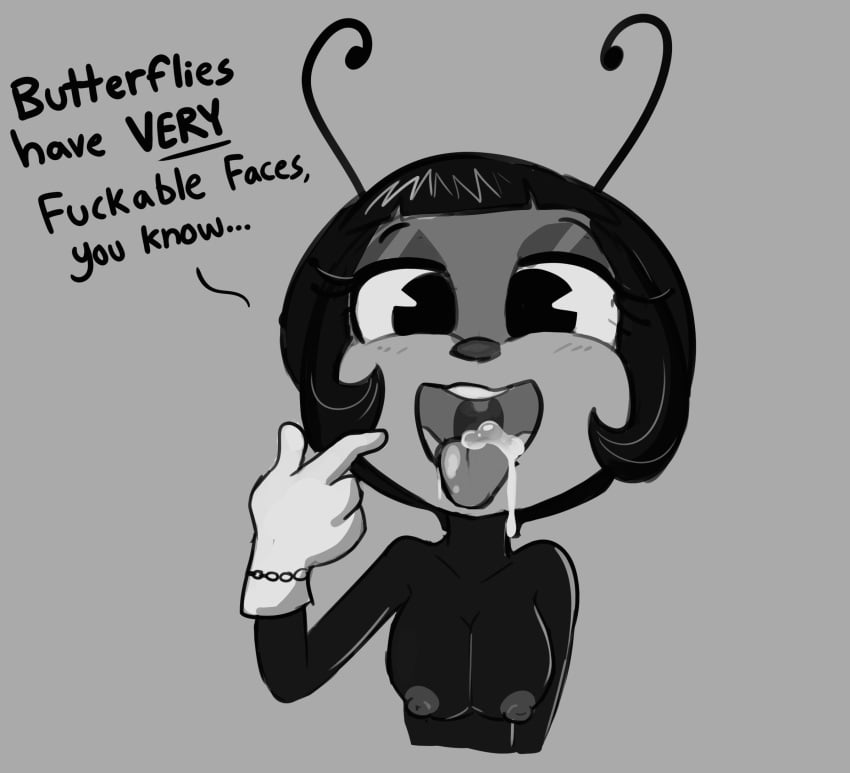 2024 antennae_(anatomy) anthro arthropod black_hair blossom_(if) blush blush_lines bodily_fluids breasts clothing cum cum_on_tongue dialogue english_text female genital_fluids gloves grey_background greyscale hair half-closed_eyes handwear hi_res if_(2024) monochrome narrowed_eyes nipples open_mouth paramount_pictures pie_cut_eyes repost simple_background solo sunday_night_productions teeth text tjpones tongue tongue_out