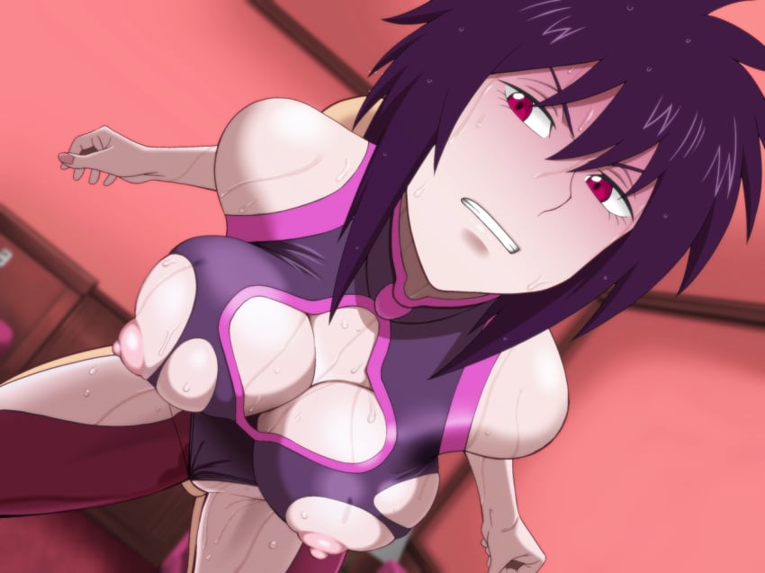 4st_injection areolae bare_arms bare_shoulders blush breasts cleavage cleavage_cutout clenched_teeth clothed_female_nude_male detached_collar female highres indoors large_breasts leaning_forward legs leotard liebert looking_at_viewer majin_bone mound_of_venus nipples penetration purple_hair red_eyes sex short_hair solo_focus standing sweat thighhighs thighs torn_clothes vaginal_penetration