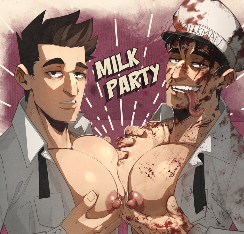 2024 2boys 2d 2d_(artwork) 2d_artwork 2males 5_fingers areola areolae background bags_under_eyes bara bara_tits barazoku big_breasts big_pecs black_neckwear black_tie blood blood_on_body blood_on_breasts blood_on_face blood_on_hand blood_on_mouth breasts_touching brown_eyes brown_hair brunette busty busty_boy cufflink cuffs_(clothing) dark_brown_hair digital_art digital_drawing digital_drawing_(artwork) digital_media_(artwork) dirty_clothing doppelganger english_text erect_nipples francis_mosses gay grabbing grabbing_breasts half-closed_eyes hand_on_breast hat headwear human impersonation light-skinned_male light_skin lips long_sleeve_shirt long_sleeves long_tongue looking_at_viewer male male_breasts male_lactation male_nipples male_only man_boobs manboobs messy messy_hair milkman moobs neckwear nipples open_shirt partially_clothed partially_clothed_male pecs_bigger_than_head pecs_focus pecs_pressed_together pecs_touching pectorals pink_areola pink_areolae pink_nipples playing_with_breasts playing_with_pecs profile_view render rendered selfcest shiny_eyes shirt shirt_open short_hair side_view simple_background smile smiling smiling_at_viewer soynutts spiky_hair teasing_viewer that's_not_my_neighbor thick_eyebrows tired_eyes tits tongue tongue_out topwear unbuttoned_shirt white_pupils white_shirt white_topwear yaoi