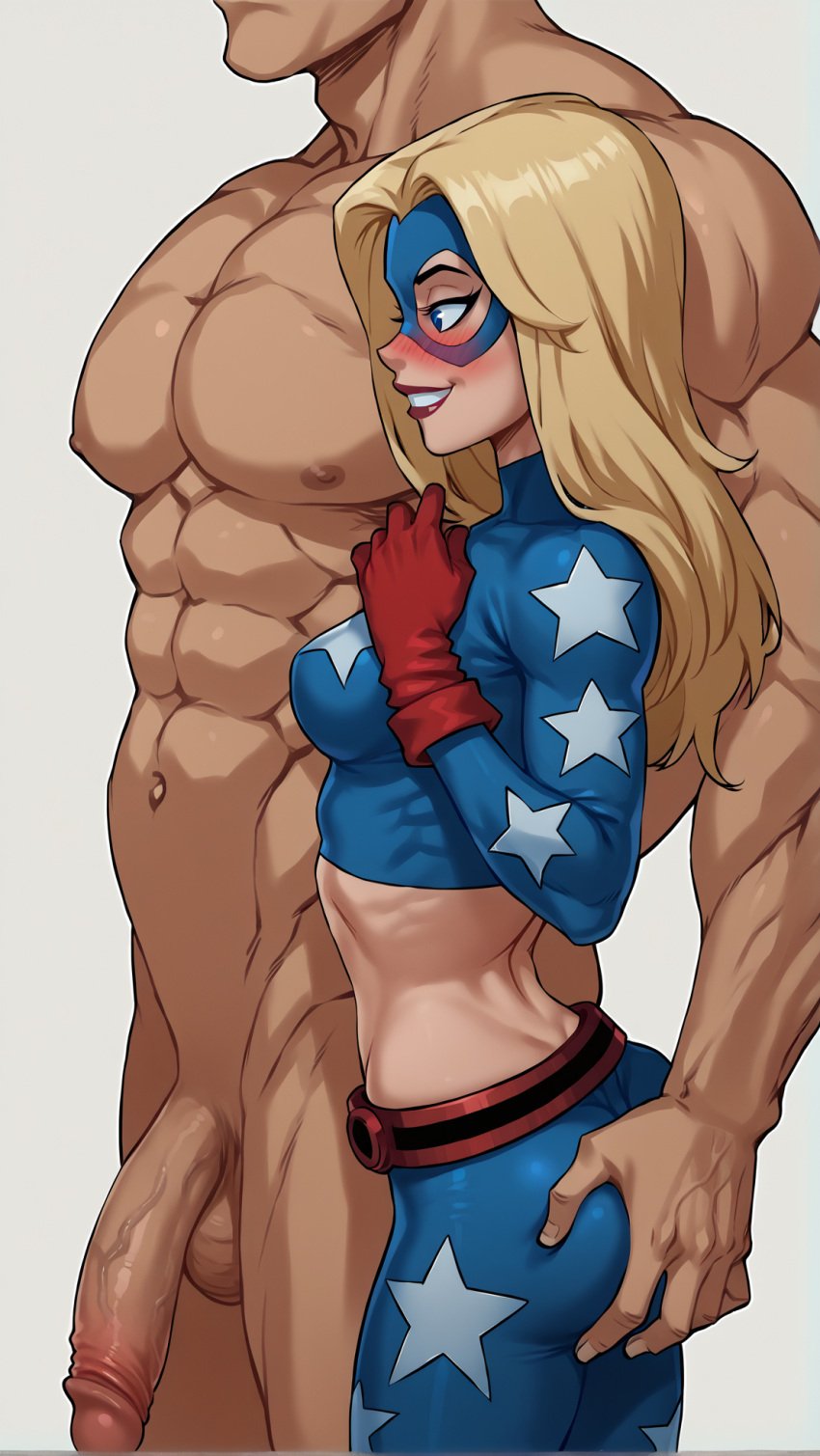 1boy ai_generated ass_grab blonde_hair blue_eyes blush breasts courtney_whitmore dc dc_comics domino_mask female gloves large_penis long_hair mask midriff muscular_male notreallyhere nude_male nude_male_clothed_female perky_breasts side_view simple_background size_difference smile standing star_(symbol) stargirl superheroine