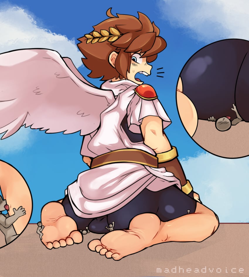 1boy ass ball_bulge barefoot big_ass brown_hair bulge feet foot_fetish foot_worship giant kid_icarus macro madheadvoice male male_focus nintendo pit pit_(kid_icarus) size_difference solo_focus