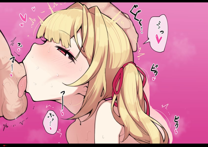 1boy absurdres azarashi_(kkuh3353) blonde_hair blunt_bangs blush commentary commission completely_nude erection eyeshadow fellatio female from_side hair_intakes hair_ribbon hand_on_another's_head heart highres hoshikawa_sara makeup nijisanji nude oral penis pink_background pink_eyeshadow red_eyes red_ribbon ribbon saliva skeb_commission smile solo_focus sound_effects spoken_heart steam straight sweat testicles tongue tongue_out twintails twitching virtual_youtuber