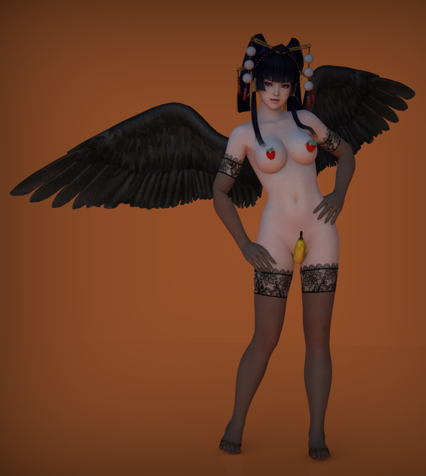 1girls 3d artist_request banana black_hair breasts dead_or_alive female female_only food_on_breasts food_on_crotch food_on_nipples food_on_pussy fruit gloves navel nude nude_female nyotengu oneechanbara see-through_gloves see_through solo stockings strawberry tagme wings