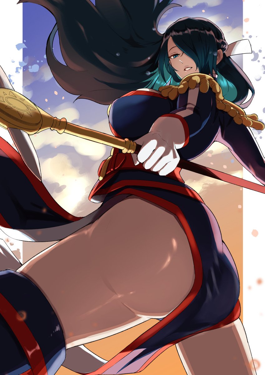 anti-demon_corps_uniform azuma_fubuki blue_eyes blue_hair gloves holding_weapon large_ass large_breasts long_hair mato_seihei_no_slave milf pelvic_curtain spear uniform yamada_otonari