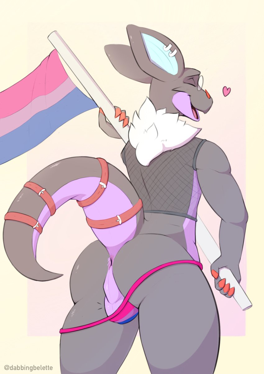 anthro anus balls biped bisexual_pride_colors black_body closed_eyes clothing dabelette dabelette_(character) ear_piercing eyewear fishnet_clothing fishnet_topwear flag flag_(object) fur generation_6_pokemon genitals glasses green_body hi_res holding_flag holding_object lgbt_pride male nintendo noivern open_mouth open_smile perineum piercing pokemon pokemon_(species) pride_colors purple_body rear_view simple_background smile solo tail topwear white_body white_fur yellow_background