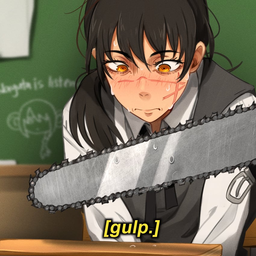 1boy 1female 1girls 1male belt belt_buckle chainsaw chainsaw_man chainsaw_penis chalkboard chalkboard_writing classroom denji_(chainsaw_man) denji_(hybrid_form) female funny implied_oral khyleri male meme mitaka_asa pulling_down_pants sweat sweating yoru_(chainsaw_man)