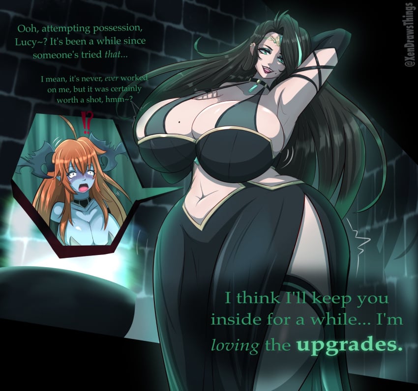 ass_expansion big_breasts breast_expansion brown_hair cleavage green_eyes possession red_hair tagme xendrawsseggs xendrawsthings xennie_(xendrawsthings)