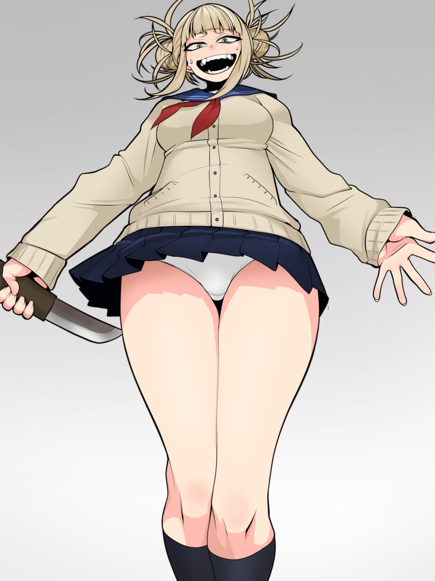 asha black_skirt black_socks blonde_hair blue_sailor_collar blunt_bangs boku_no_hero_academia breasts brown_cardigan cardigan commentary_request double_bun feet_out_of_frame female from_below grey_background hair_bun highres himiko_toga holding knee_socks kneehighs kneesocks long_sleeves looking_at_viewer looking_down medium_bangs medium_breasts messy_hair miniskirt my_hero_academia neckerchief open_mouth panties pantyshot pleated_skirt red_neckerchief sailor_collar schector_(asha000253) school_uniform serafuku short_hair simple_background skirt sleeves_past_wrists smile socks solo standing teeth thighs toga_himiko underwear upskirt weapon white_panties yellow_eyes