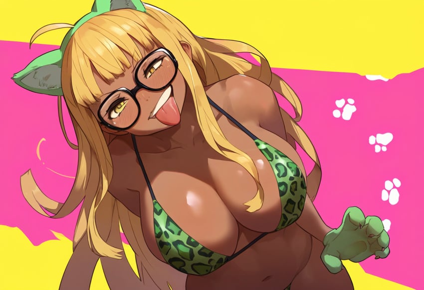 ai_generated animal_print bikini cat_ears corruption dark-skinned_female enemy_conversion gyaru large_breasts leopard_print lordem persona_5 sakura_futaba yellow_eyes