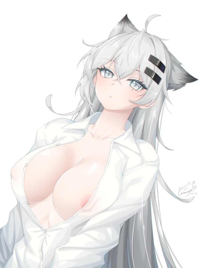 1girls 2024 animal_ears arknights artist_signature big_breasts breasts breasts_out hair hair_ornament hi_res kemonomimi lappland_(arknights) light-skinned_female light_skin long_hair looking_at_viewer nanaya_journey nipples nipples_visible_through_clothing nude nude_female shirt shirt_only silver_eyes simple_background solo white_hair wolf_ears wolf_girl