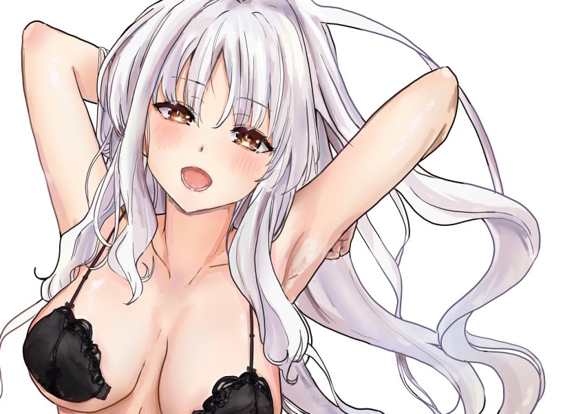 1girls absurd_res absurdres ahshi_(yingchuan_songshu) armpits arms_behind_head arms_up bare_armpits bare_arms bare_chest bare_hands bare_midriff bare_shoulders bare_skin black_bra black_underwear blush blush blush_lines blushing_at_viewer blushing_female bra breasts brown_eyes brown_eyes_female caren_ortensia cleavage collarbone dot_nose elbows eyebrows_visible_through_hair fate/grand_order fate_(series) female female_focus female_only fingers half_naked hands_behind_head high_resolution highres lace_bra lace_underwear laced_bra laced_underwear light-skinned_female light_skin lips long_hair looking_at_viewer medium_breasts naked naked_female nude nude_female open_mouth open_mouth_smile shoulders simple_background slender_body slender_waist slim_girl slim_waist smile smiling smiling_at_viewer solo thin_waist tongue underwear upper_body upper_teeth white_background white_eyebrows white_hair white_hair_female