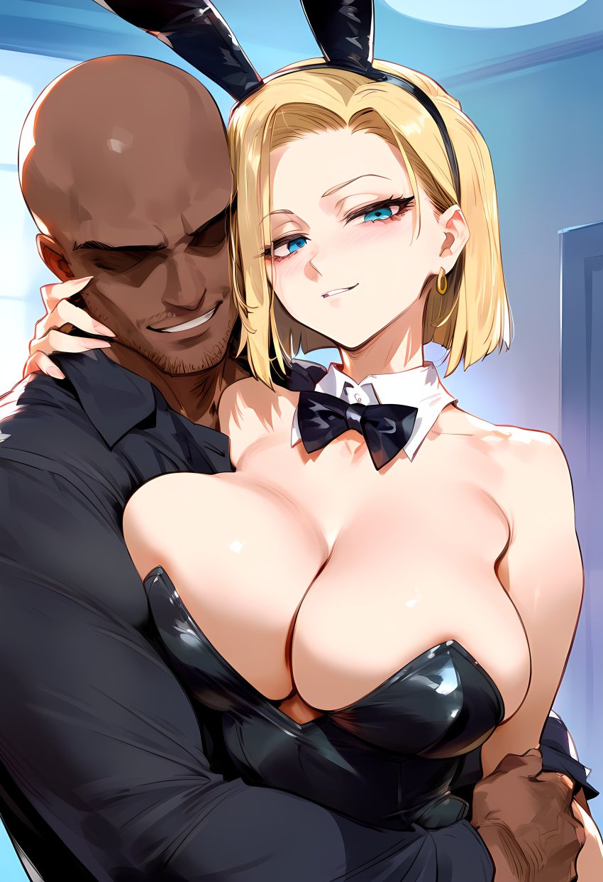 1boy 1girls ai_generated android_18 animal_ears bald bare_shoulders beard black_leotard black_shirt blonde_hair blue_eyes blush bow bowtie breasts bunny_ears bunnysuit cheating_wife cleavage clothing completely_nude curvaceous curvaceous_female curvaceous_figure curvy curvy_figure dark-skinned_male dark_skin detached_collar dragon_ball dragon_ball_super dragon_ball_z earrings faceless faceless_male facial_hair fake_animal_ears female female_focus formal hoop_earrings hug husband_and_wife interracial jewelry large_breasts leotard light-skinned_female looking_at_viewer male nakatori netorare ntr parted_lips playboy_bunny shirt short_hair smile straight strapless strapless_leotard suit voluptuous voluptuous_female