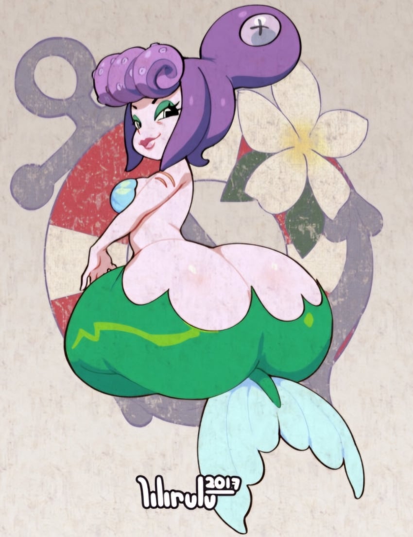 alternate_version_available big_ass blue_eyes cala_maria cuphead_(game) female huge_ass large_ass lilirulu mermaid mermaid_tail purple_skin smirk thick_mermaid_hips thick_thighs