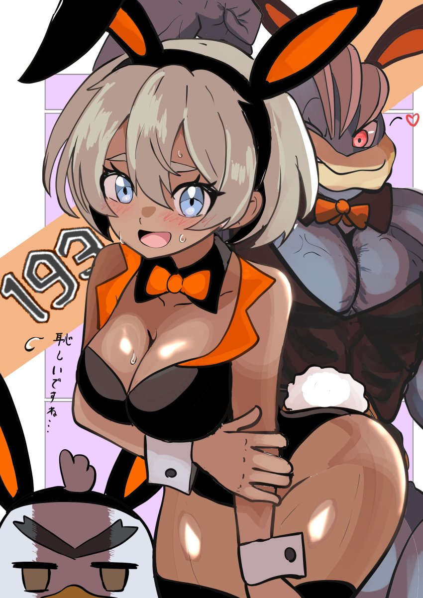 1girl 1girls alternate_costume animal_ears ass bea_(pokemon) big_breasts black_leotard blue_eyes blush bow bowtie breasts bunny_ears bunnysuit cleavage clothed_pokemon creatures_(company) dark-skinned_female dark_skin detached_collar embarrassed fake_animal_ears fake_tail game_freak grabbing_own_arm grey_hair hairband hand_on_own_arm heart highleg highleg_leotard large_breasts large_pectorals leaning_forward leotard looking_at_viewer machamp mukuhookusuki nintendo one_eye_closed open_mouth orange_bow orange_bowtie pectorals playboy_bunny pokémon_(species) pokemon pokemon_(species) pokemon_ss rabbit_ears rabbit_tail shiny_skin short_hair sirfetch'd smile strapless strapless_leotard sweat tagme tail traditional_bowtie veiny_pectorals wrist_cuffs