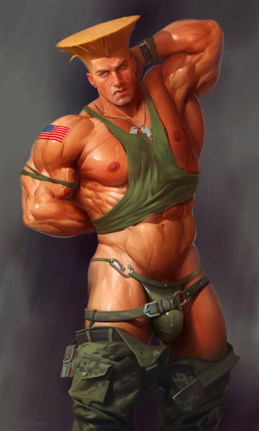 1boy abs american_flag american_flag_tattoo american_male arm_behind_back bara biceps big_bulge big_muscles blonde_hair blue_eyes bulge camouflage_pants capcom dilf gay green_tank_top green_thong guile human human_only male male_only military military_uniform muscles muscular muscular_arms muscular_male muscular_shoulders necklace nipples pants pants_down pecs pectorals penis penis_bulge qai_san realistic solo solo_focus solo_male street_fighter street_fighter_6 sweat sweatdrop sweating sweaty sweaty_body tan tan_body tan_skin tank_top thong unbuttoned_pants undressing veiny_muscles