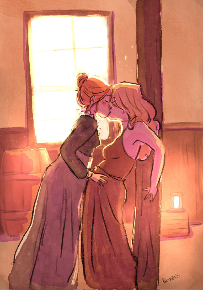2girls barrel blonde_hair breasts faune female kissing lantern medium_breasts not_porn orange_hair small_breasts