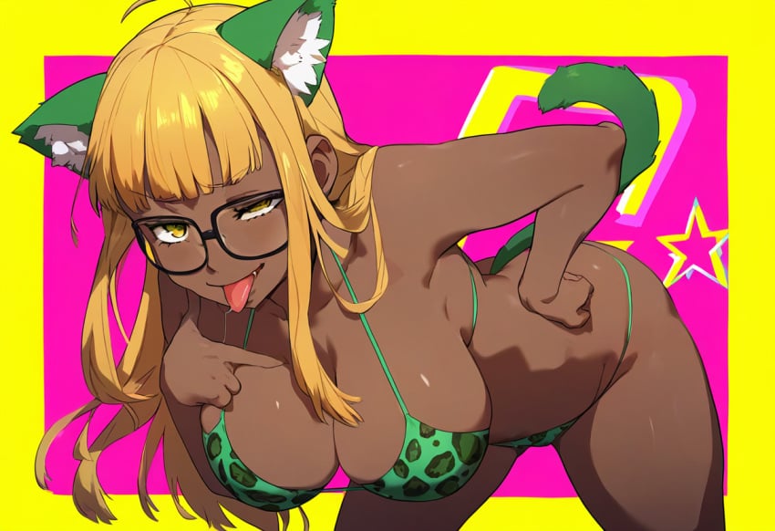 ai_generated animal_print bikini cat_ears corruption dark-skinned_female enemy_conversion gyaru large_breasts leopard_print lordem persona_5 sakura_futaba yellow_eyes