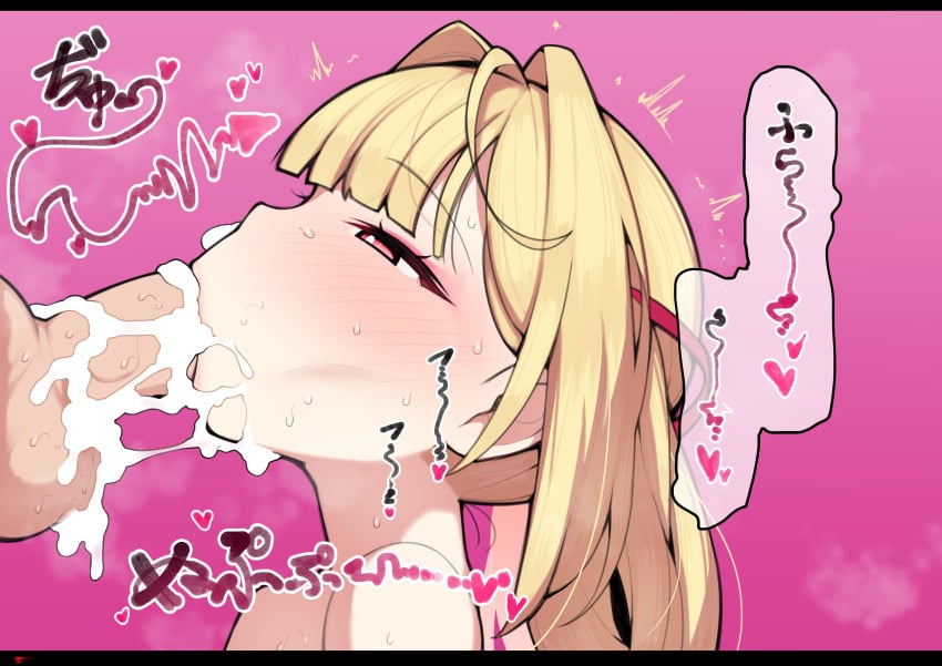 1boy absurdres azarashi_(kkuh3353) blonde_hair blunt_bangs blush commentary commission completely_nude cum cum_in_mouth cum_in_nose erection eyeshadow facial fellatio female from_side hair_intakes hair_ribbon heart highres hoshikawa_sara makeup nijisanji nude oral penis pink_background pink_eyeshadow red_eyes red_ribbon ribbon saliva skeb_commission solo_focus sound_effects spoken_heart steam straight sweat symbol-shaped_pupils twintails twitching virtual_youtuber