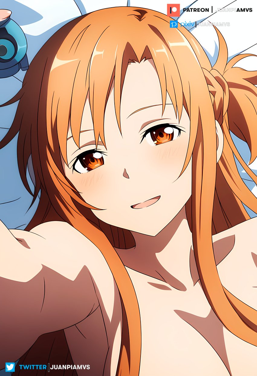 ai_generated awakening bed brown_eyes brown_hair juanpi_amvs long_hair morning nude patreon patreon_username selfie selfie_pose sword_art_online watermark yuuki_asuna