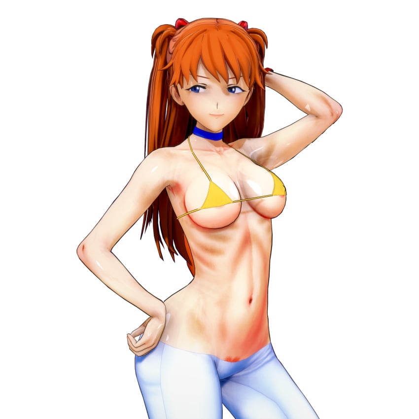 1girls 3d arm_behind_head armpits asuka_langley_sohryu bare_belly big_breasts bikini bikini_top bikini_top_only blue_eyes breasts busty confident female female_only hand_on_hip hi_res large_breasts legs model_pose navel neon_genesis_evangelion orange_hair pants pose posing seductive seductive_look seductive_smile sensual slim_waist solo thighs voluptuous