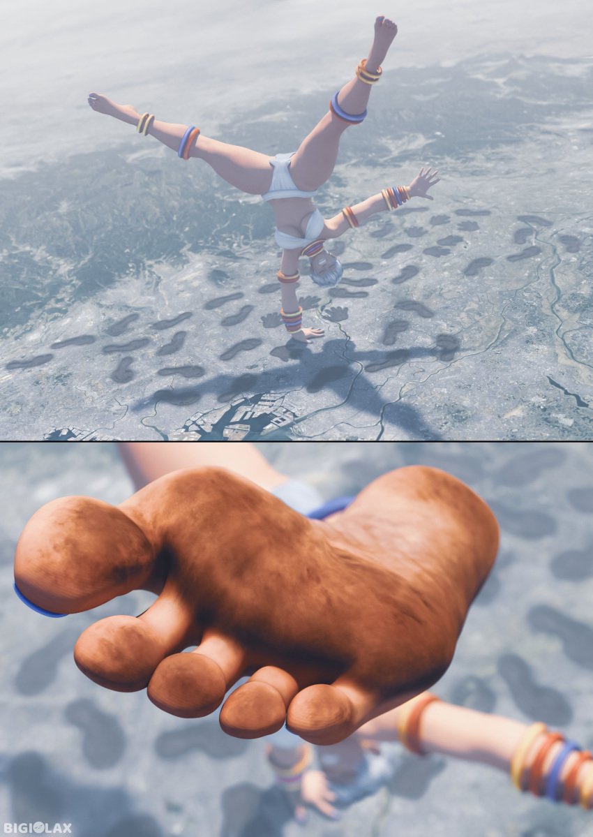 3d 3d_(artwork) barefoot bigiolax blue_toenails city cityscape dark-skinned_female dark_skin destruction dirty_feet elena_(street_fighter) feet female foot_fetish foot_focus footprint full_color giantess giga_giantess handprint macro no_penetration painted_nails revealing_clothes size_difference soles spread_toes street_fighter toes white_hair