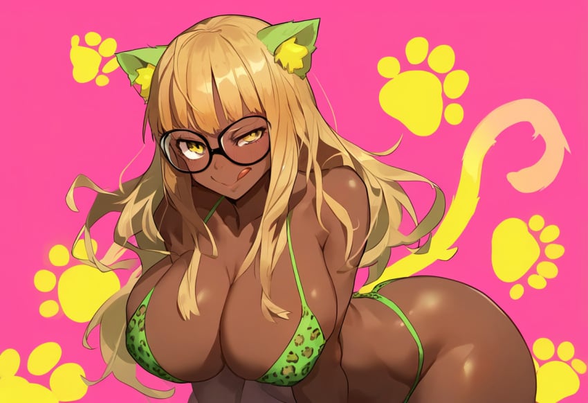 ai_generated animal_print bikini cat_ears corruption dark-skinned_female enemy_conversion gyaru large_breasts leopard_print lordem persona_5 sakura_futaba yellow_eyes