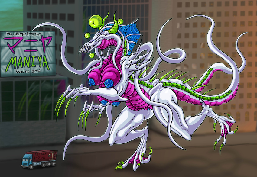 absurd_res anthro ass breasts building character_name city city_background eldritch_being female fin hi_res kaiju lokidragon87 maniya monster multi_breast multi_eye nipples quills_(anatomy) solo tentacle unknown_species vehicle