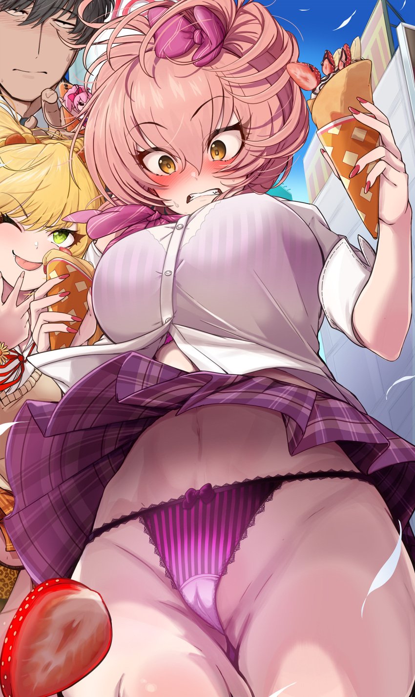 1boy 2girls ;p absurdres accidental_exposure blonde_hair bra bra_visible_through_clothes cameltoe cleft_of_venus crepe embarrassed falling_feathers feathers fingernails food fruit gluteal_fold gyaru highres holding holding_food idolmaster idolmaster_cinderella_girls jougasaki_mika jougasaki_rika kogal looking_at_another looking_down morino_shoutarou multiple_girls nail_polish navel one_eye_closed outdoors panties pink_hair plaid plaid_skirt pleated_skirt producer_(idolmaster) producer_(idolmaster_cinderella_girls_anime) purple_bra purple_skirt school_uniform shirt skirt stomach strawberry strawberry_slice striped_bra striped_clothes striped_panties sweatdrop thong tongue tongue_out underwear upskirt vertical-striped_bra vertical-striped_clothes vertical-striped_panties white_shirt wind yandere