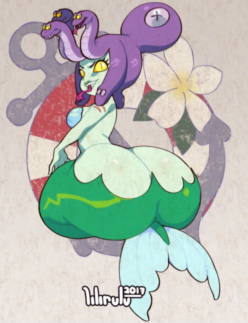 alternate_version_available artist_signature big_ass cala_maria crazy_eyes cuphead_(game) green_skin huge_ass large_ass lilirulu mermaid mermaid_tail serpentine thick_mermaid_hips thick_thighs wide_hips