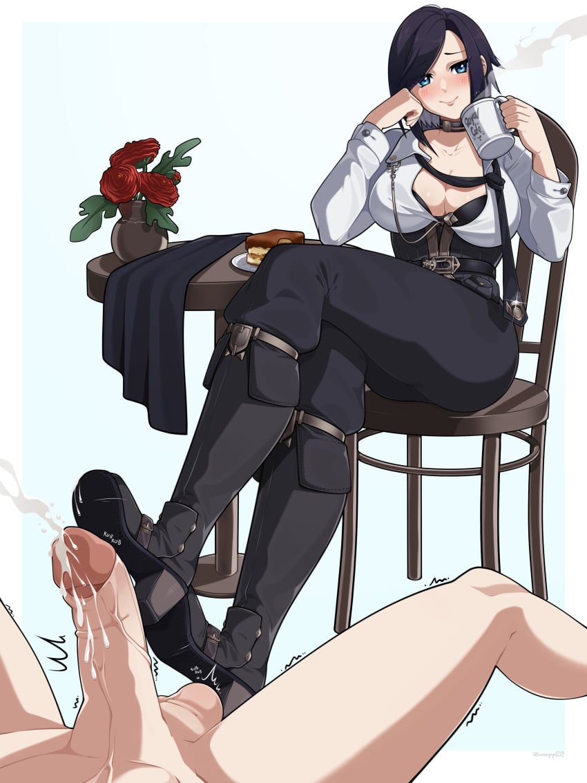 1boy 1girls ark_royal_(azur_lane) ark_royal_(cafe_lookout)_(azur_lane) azur_lane belt black_bra black_footwear black_hair black_necktie black_panties black_pants blue_eyes bootjob boots bra breasts cake chair cleavage clothed_female_nude_male coffee_mug commissioner_upload cum cup dress_shirt ejaculation female flower fold-over_boots food footjob full_body high_heel_boots high_heels holding holding_cup knee_boots large_breasts light-skinned_female light-skinned_male light_skin looking_at_viewer loose_necktie mug necktie official_alternate_costume open_clothes open_fly open_shirt panties pants penis rose royal_navy_(azur_lane) shirt shoejob short_hair simple_background sitting smile table uncensored underwear vase white_background white_shirt zuruppi