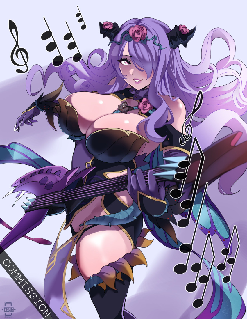 1girl 1girls absurdres armor black_armor black_panties black_thighhighs breasts camilla_(fire_emblem) camilla_(resplendent)_(fire_emblem) ceroccb cleavage clothing_cutout commission fake_horns female female_only fire_emblem fire_emblem_fates fire_emblem_heroes gloves hair_over_one_eye highres horns large_breasts official_alternate_costume panties purple_eyes purple_gloves purple_hair side_cutout solo thighhighs underwear wavy_hair