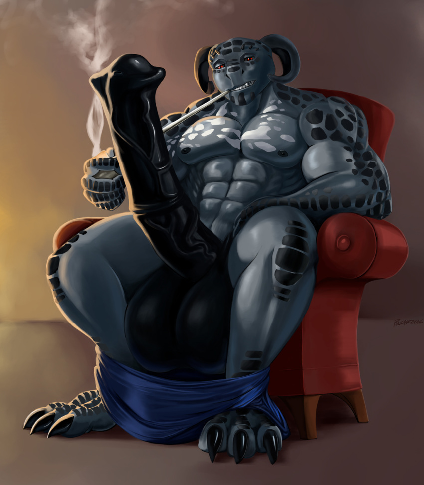 1boy abs animal_genitalia animal_penis argon_stonescales argonian balls bethesda_softworks biceps big_balls claws clothing equine_penis erection flared_penis horn horsecock huge_balls hyper hyper_balls hyper_penis lizard looking_at_viewer male_only muscular pants penis pipe pulsar reptile scales scalie sitting skyrim smoking sofa solo teeth the_elder_scrolls vein video_games