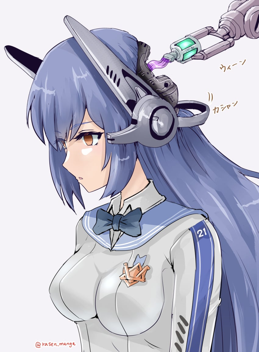 1girls amber_eyes blue_hair blue_ribbon blue_stripes bodysuit clothed collared_shirt covered_breasts deactivated empty_eyes exposed_brain exposed_head exposed_neck female female_only female_solo girls'_frontline girls_frontline headgear long_hair long_sleeves mechabare medal medium_breasts neck rasen_manga robot robot_girl robot_humanoid solo solo_female solo_focus tar-21_(girls'_frontline) white_bodysuit white_clothing