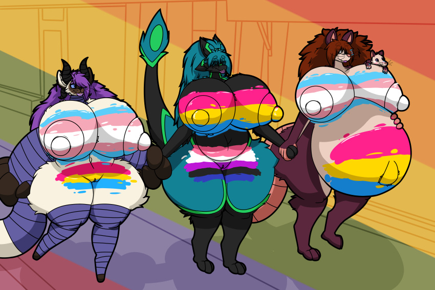 2024 3_toes 4_ears 4_fingers absurd_res american_opossum anthro avali avian bandage bandaged_arm bandaged_leg big_breasts big_nipples black_arms black_body black_breasts black_feathers black_horn blue_body blue_eyes blue_feathers blue_hair blue_sclera bodypaint breasts brown_body brown_fur brown_hair burgundy_fur domestic_cat feather_hair feathers feet felid feline felis female female_anthro fingers firepawdacat firepawdacat_(artist) fur genderfluid genderfluid_pride_colors genitals green_body green_feathers group hair hand_holding hi_res horn huge_breasts huge_nipples hyla_(firepawdacat) lgbt_pride lips looking_at_another mammal marsupial multi_ear navel nipples nude nude_anthro nude_female painted_belly painted_breasts painted_crotch painted_pussy pansexual pansexual_pride_colors pantherine pride_colors pseudo_hair purple_bandages purple_hair purple_lips pussy rainbow_background ralena/ralaku simple_background standing thick_lips thick_thighs tiger toes trans_(lore) trans_woman_(lore) transgender_pride_colors trio virginia_opossum white_body white_fur wide_hips wingless_avian