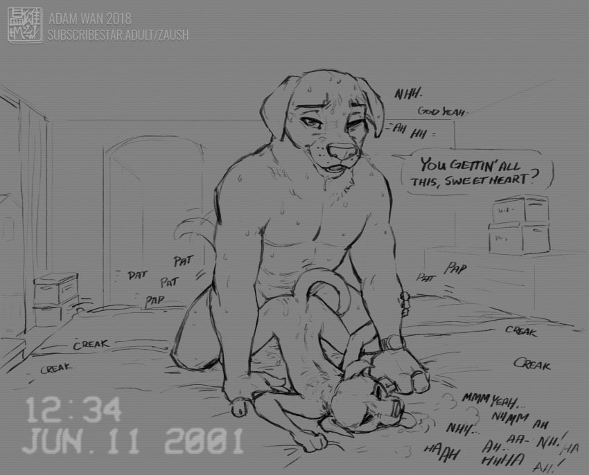 2_fingers adam_wan anthro anthro_on_anthro anthro_only anthro_penetrated anthro_penetrating anthro_penetrating_anthro anthrofied bed bedroom closed_eye cub cum cum_in_ass cum_inside dialog dialogue dialogue_box dog doggy_style doggystyle dogs flat_chest flat_chested fully_nude furry_only grabbing_hand hetero_sex heterosexual indoors indoors_sex male/female moan moaning moaning_in_pleasure muscular_male nighttime no_humans nude penis_in_ass salivating size_difference sketch straight straight_sex sweat sweatdrop sweating tongue_out watch weight_difference zaush