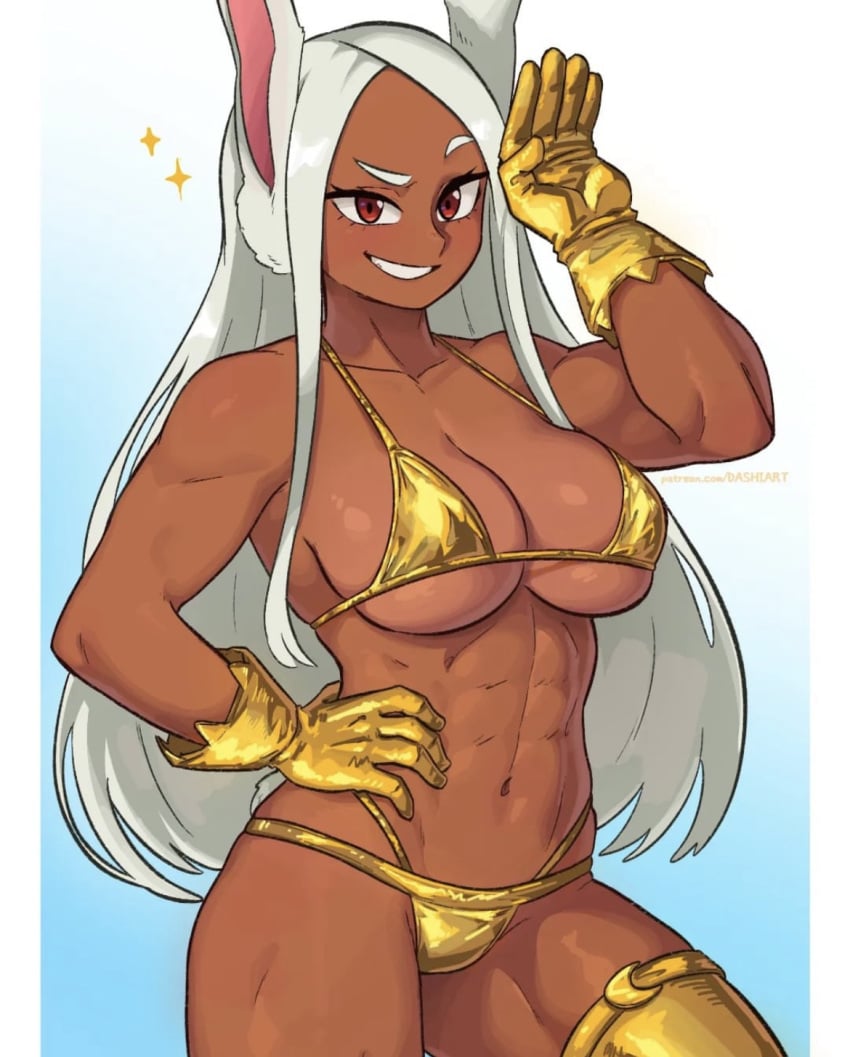 abs big_ass big_breasts bunny_girl gold_stockings golden_bikini golden_gloves miruko mommy my_hero_academia rumi_usagiyama silver_hair smiling strong tan_body