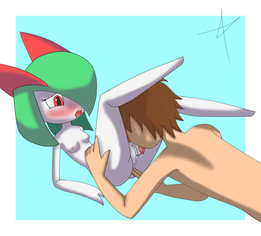 anal anal_fingering blush breasts chestnut_hair duo female fingering generation_3_pokemon genitals green_hair hair heart_pupils hi_res human humanoid kirlia kirlia_furtive male male/female mammal nintendo not_furry nude oral pokemon pokemon_(species) white_body