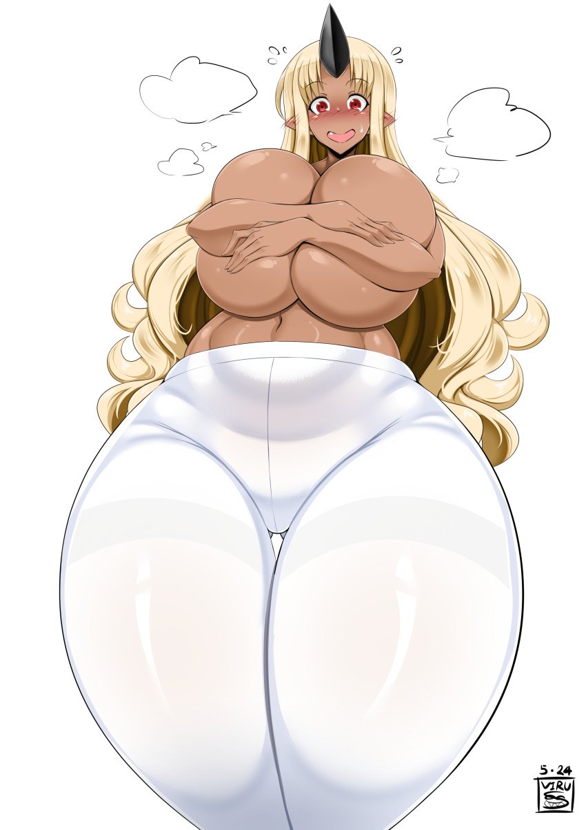 1girls arms_around_breasts arms_covering_nipples blonde_hair blush dark-skinned_female female_only forehead_horn high_resolution highres horn huge_breasts legwear long_hair monster_girl monster_musume_no_iru_nichijou nervous_smile nervous_sweat ogre ogre_girl open_mouth pantyhose pointy_ears red_eyes solo solo_female tan_skin thick_thighs tionishia_(monster_musume) topless virusotaku voluptuous white_background white_pantyhose wide_hips