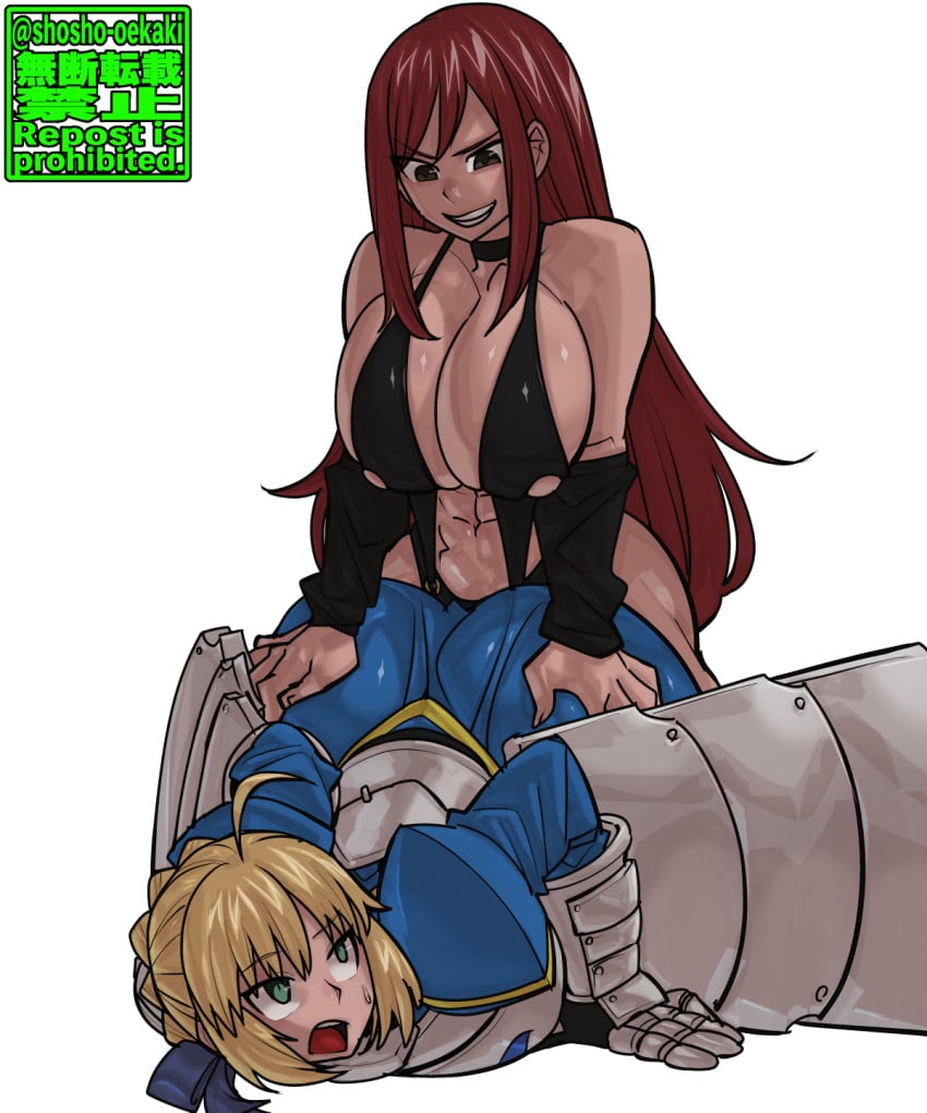 2girls 5:6 ahoge armor armored_female artoria_pendragon_(fate) ass big_ass big_breasts blonde_hair braid braided_hair breasts crossover dry_humping embarrassed_female erza_scarlet fairy_tail fate/stay_night fate_(series) female female_only fully_clothed huge_ass huge_breasts large_ass large_breasts long_hair looking_at_another looking_back multiple_girls muscular muscular_female red_hair saber shosho_oekaki smug_face stripper_clothes suggestive_look suggestive_pose sweatdrop toned toned_female yuri