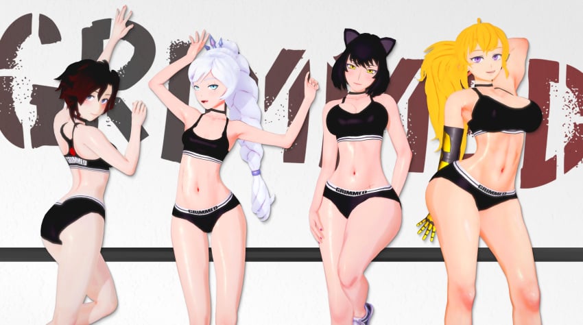 3d 4girls arrancon black_hair black_hair_female blake_belladonna blonde_female blonde_hair blue_eyes catgirl faunus female female_only gold_eyes grimm_(rwby) grimmed human lavender_eyes multiple_girls ponytail pose posing red_hair red_highlights robotic_arm ruby_rose rwby silver_eyes team_rwby weiss_schnee white_hair white_hair_female yang_xiao_long yellow_eyes