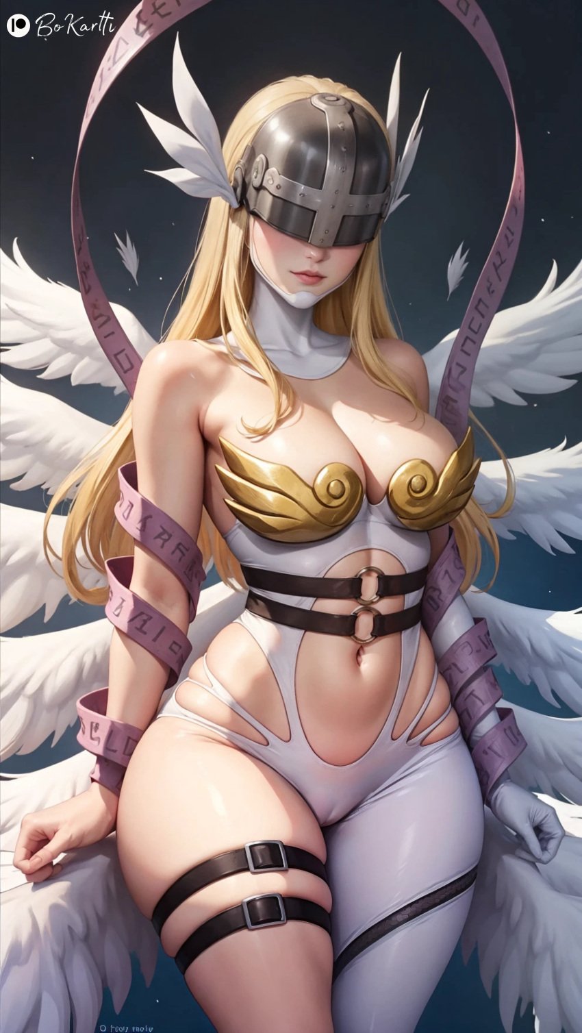 1girls ai_generated angel angel_girl angel_wings angewomon asymmetrical_clothes belt blonde_hair bokartti breasts cameltoe cleavage clothed covered_eyes digimon feathered_wings female humanoid long_hair mask navel revealing_clothes ribbon solo wide_hips wings