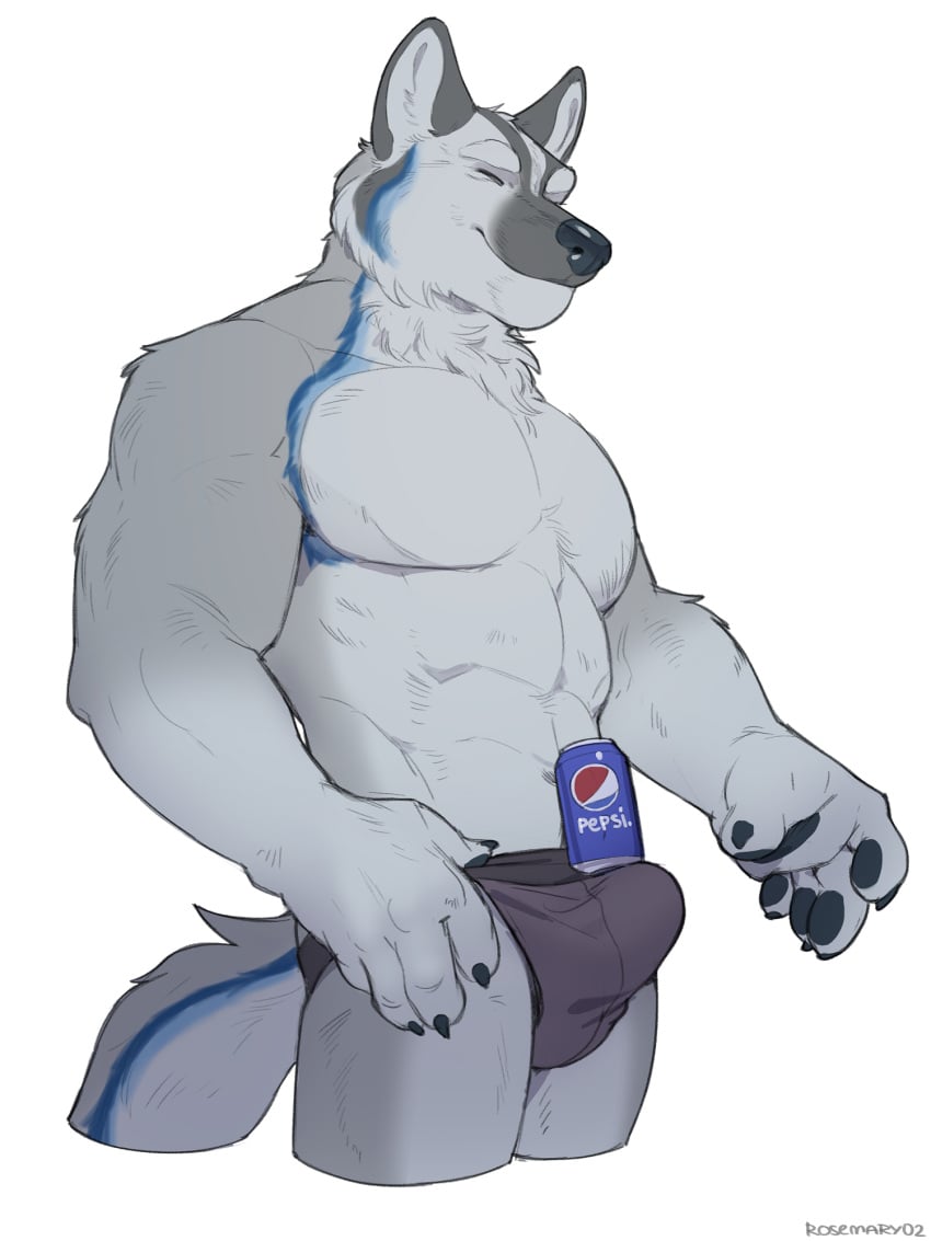 anthro beverage_can bottomwear briefs bulge closed_eyes clothing fur grey_body grey_fur hi_res hybrid male mammal pants rosemary02 smile solo striped_body striped_fur stripes tail underwear