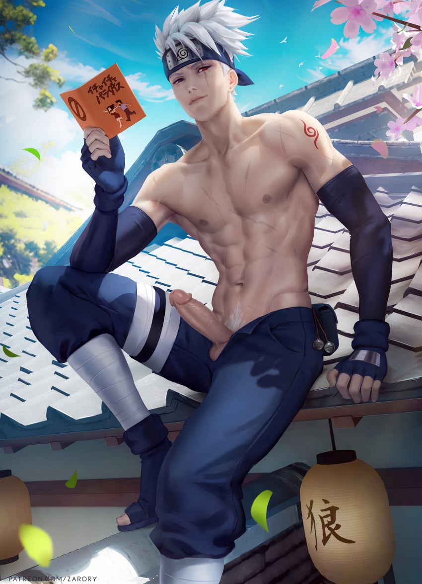 arm_length_gloves bells big_penis black_eye black_sandals blue_pants body body_scars book cherry_blossoms clouds ear_piercing earring eye_scar fingerless_gloves flaccid_penis forehead_protector hatake_kakashi holster lantern male_only naruto red_eye rooftop sakura_blossoms scars scars_on_ sharingan shinobi shirtless shoulder_tattoo sky tattoo white_hair white_pubic_hair wrappings zarory