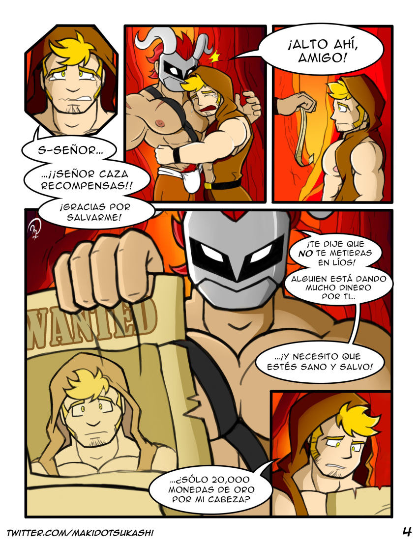 bara blonde_hair bulge clothing comic gay makidotsukashi male male/male male_nipples male_only mask masked masked_male muscular_male nipples red_hair spanish_text text