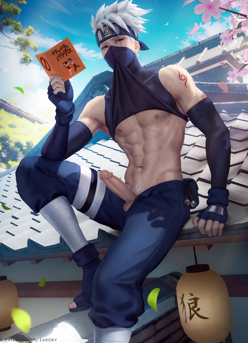 arm_length_gloves bells big_penis black_eye black_sandals black_shirt blue_pants body_scars book cherry_blossoms clouds ear_piercing earring eye_scar fingerless_gloves forehead_protector hatake_kakashi holster kakashi_hatake latern male_only naruto red_eye rooftop sakura_blossoms scars scars_on_body sharingan shinobi shirt_in_mouth shirt_lift sky tattoo white_hair white_pubic_hair wrappings zarory